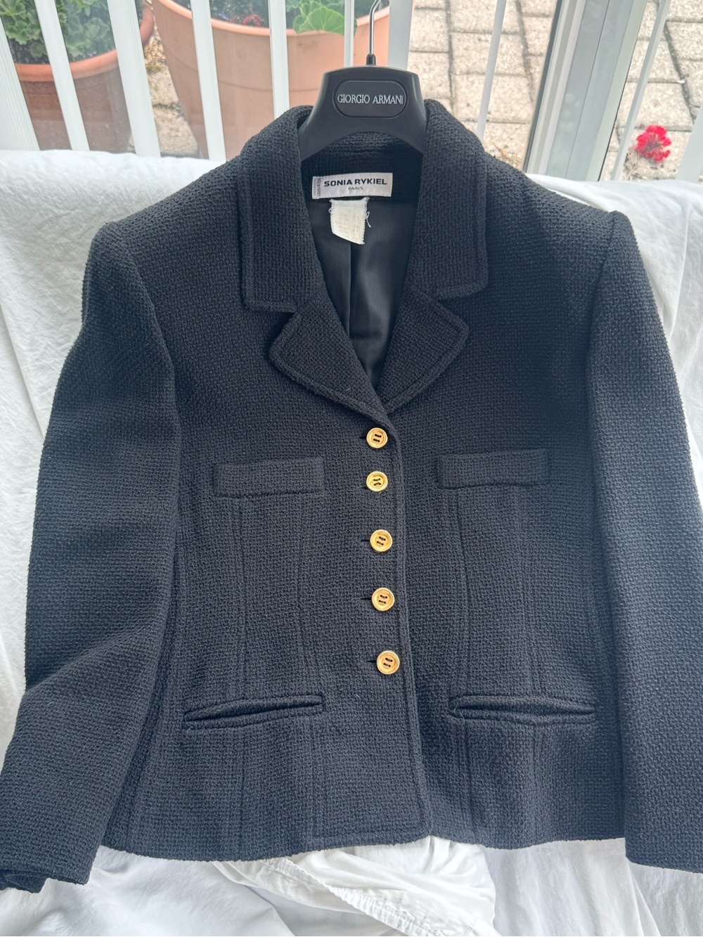Sonia Rykiel Black Textured Wool-Blend Blazer with Gold Buttons